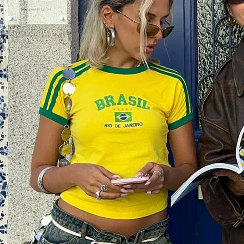 Women's Striped Sleeve Cropped Casual T-Shirt in Yellow