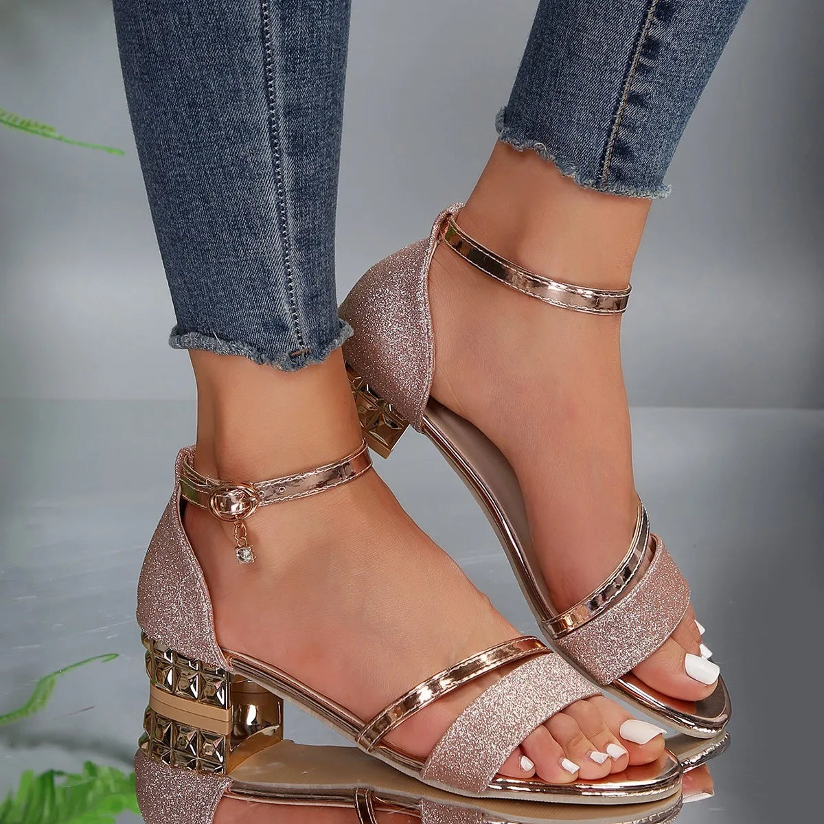 Women's Block Heel Sandals – Glitter Textile Evening | Amelia 4