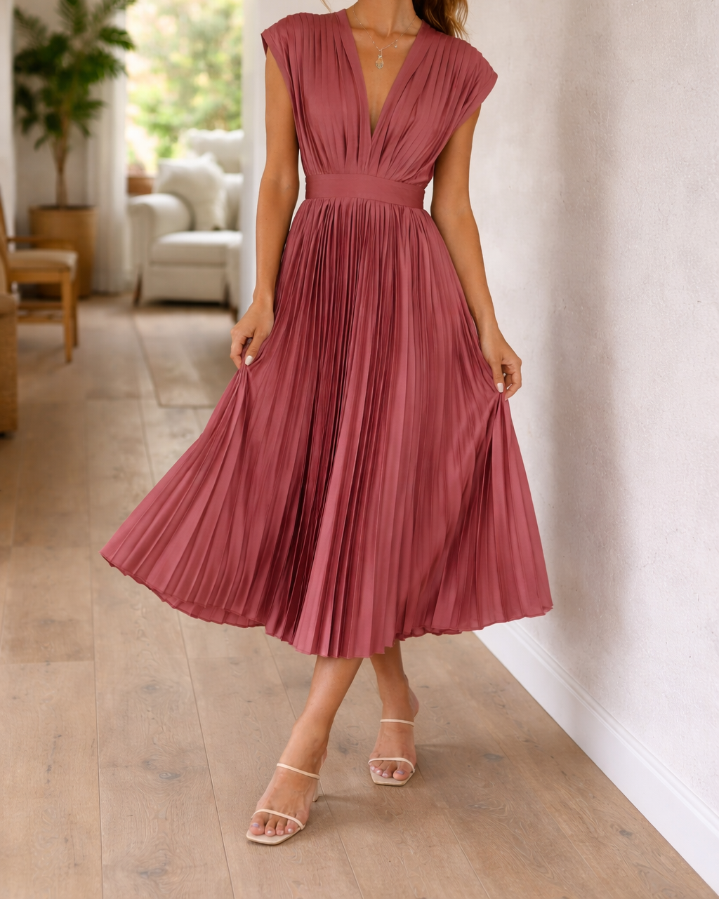 Amelia | V-Neck Sleeveless Pleated A-Line Midi Dress Lightweight