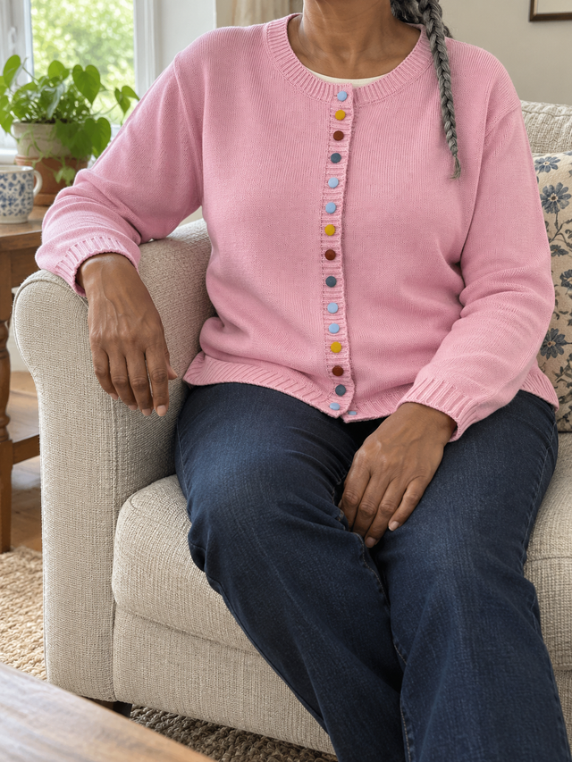 Pink button cardigan worn relaxed at home