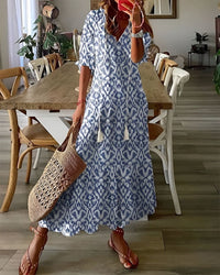 Elodie | V-Neck Ikat Print Summer Dress Lightweight Relaxed Fit Maxi