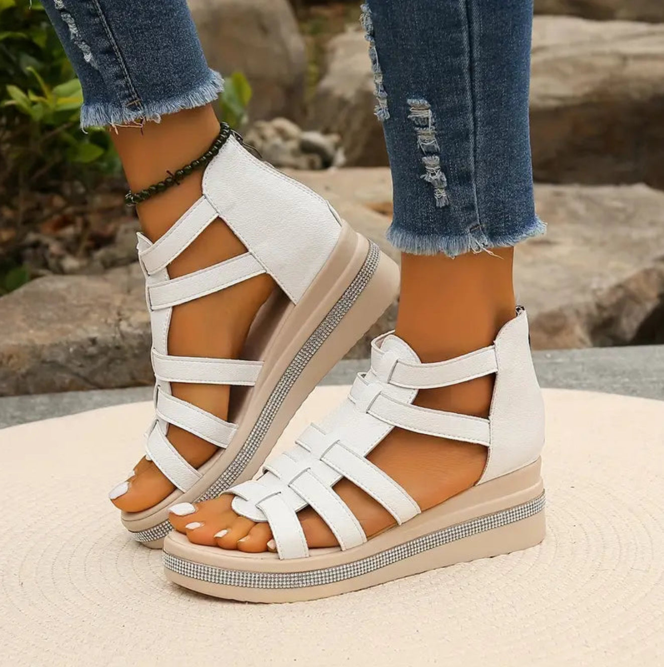 Sophie | Rhinestone Embellished Summer Event Wedge Synthetic Sandals
