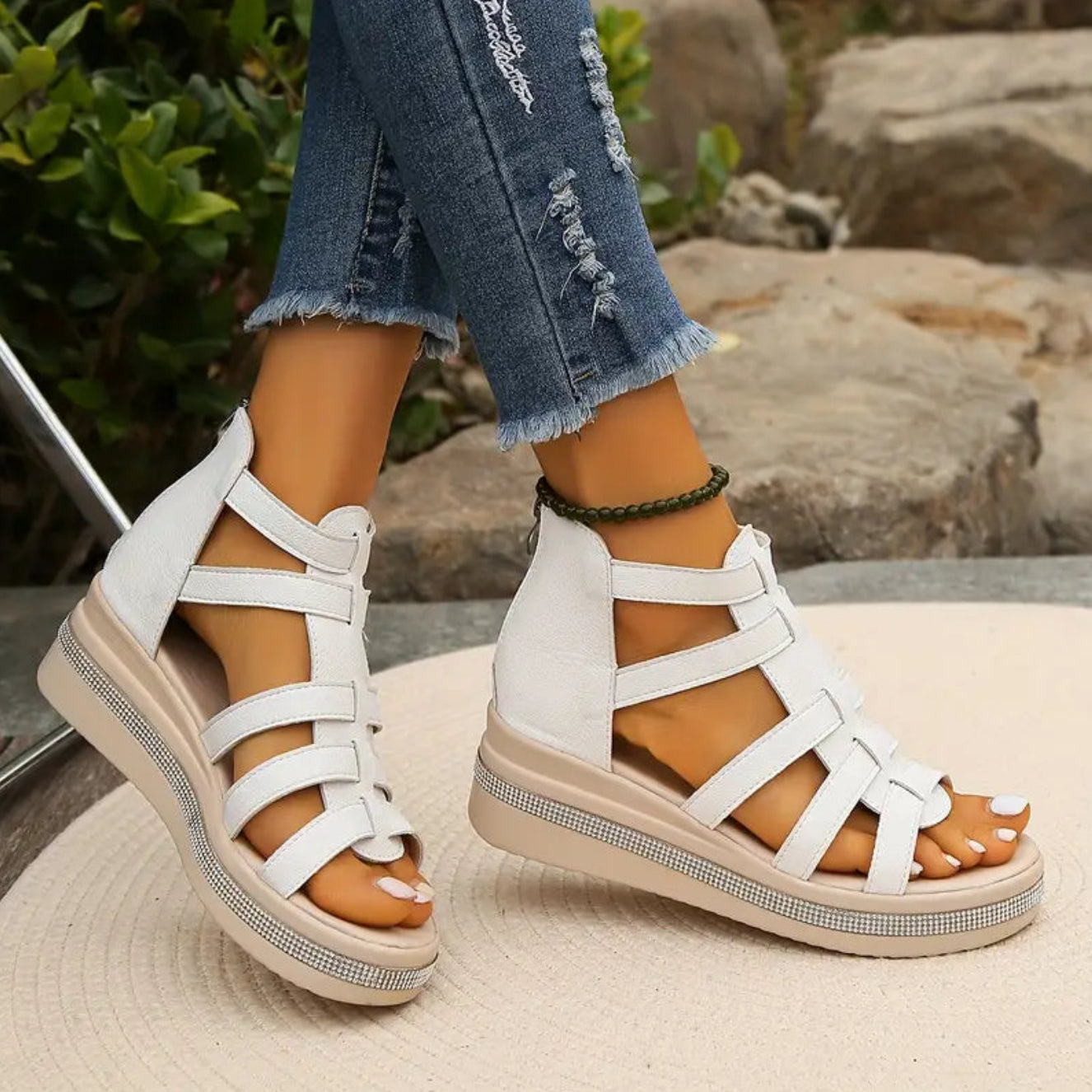 Sophie | Rhinestone Embellished Summer Event Wedge Synthetic Sandals