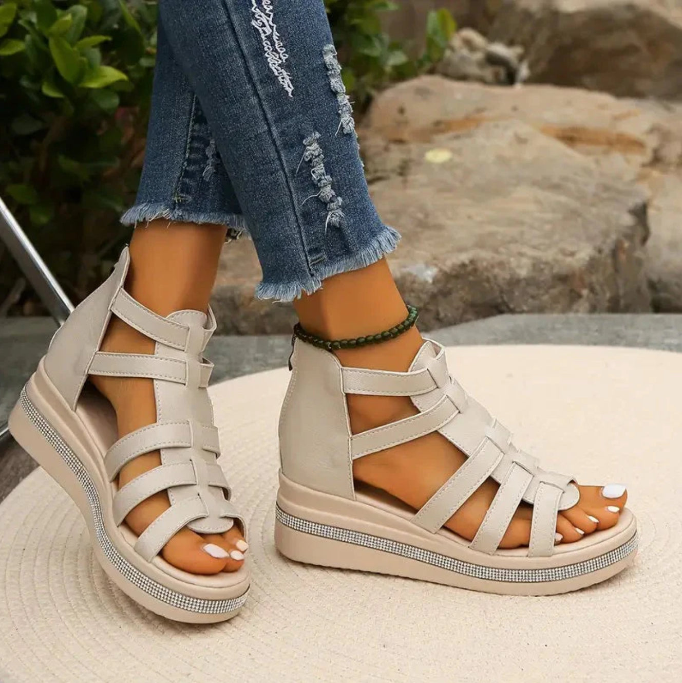 Sophie | Rhinestone Embellished Summer Event Wedge Synthetic Sandals