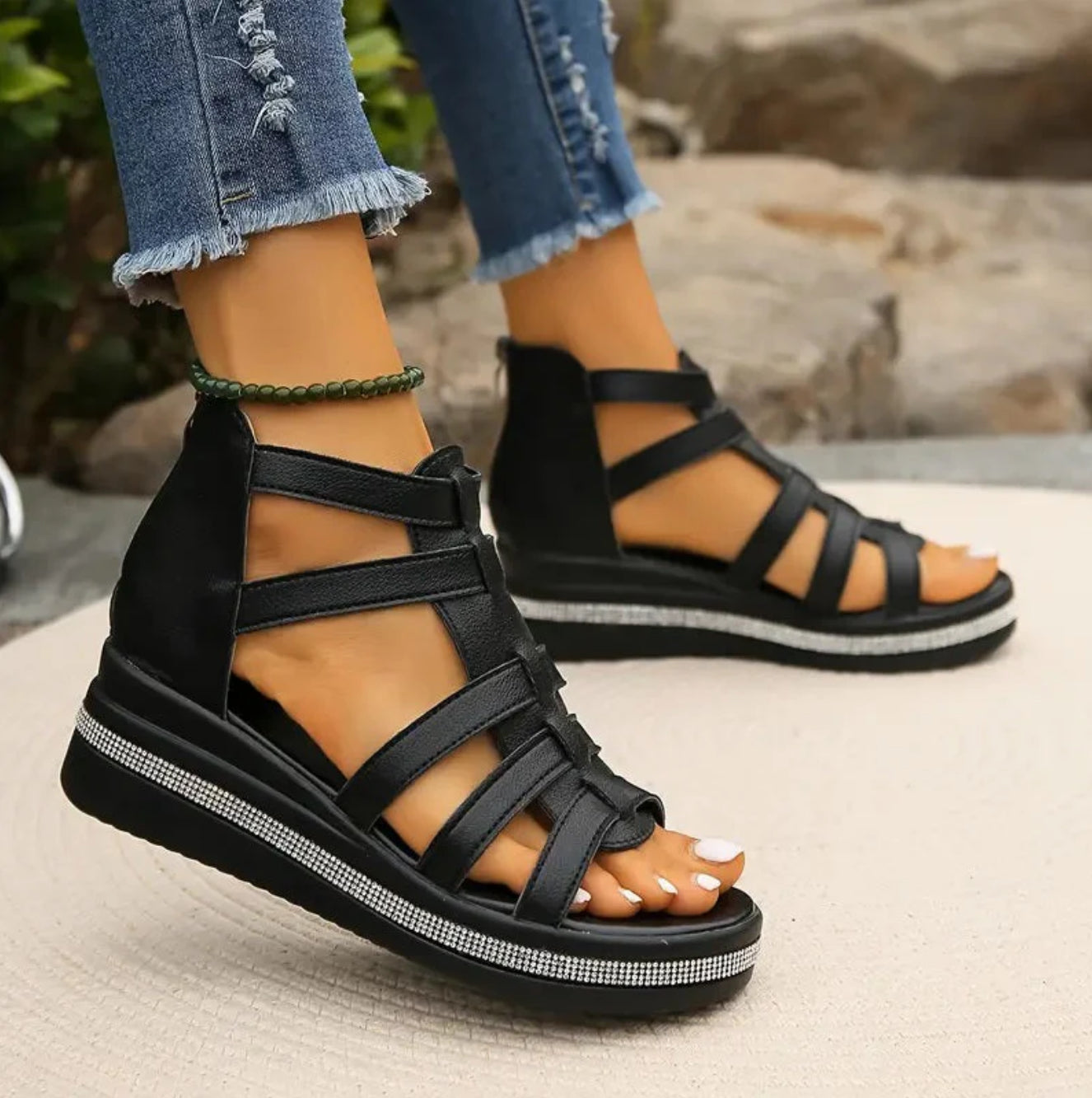 Sophie | Rhinestone Embellished Summer Event Wedge Synthetic Sandals
