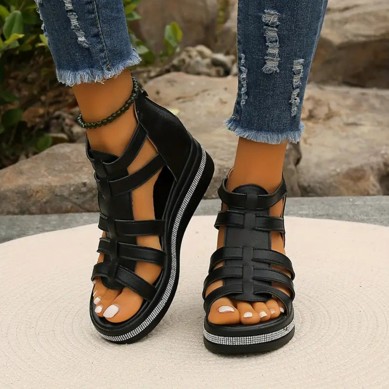 Sophie | Rhinestone Embellished Summer Event Wedge Synthetic Sandals