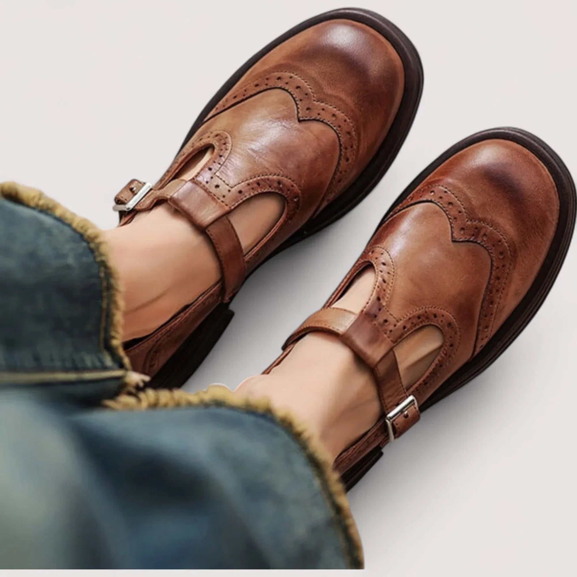 Women's T-Strap Shoes – Leather Structured Brogue Casual | Florence 1