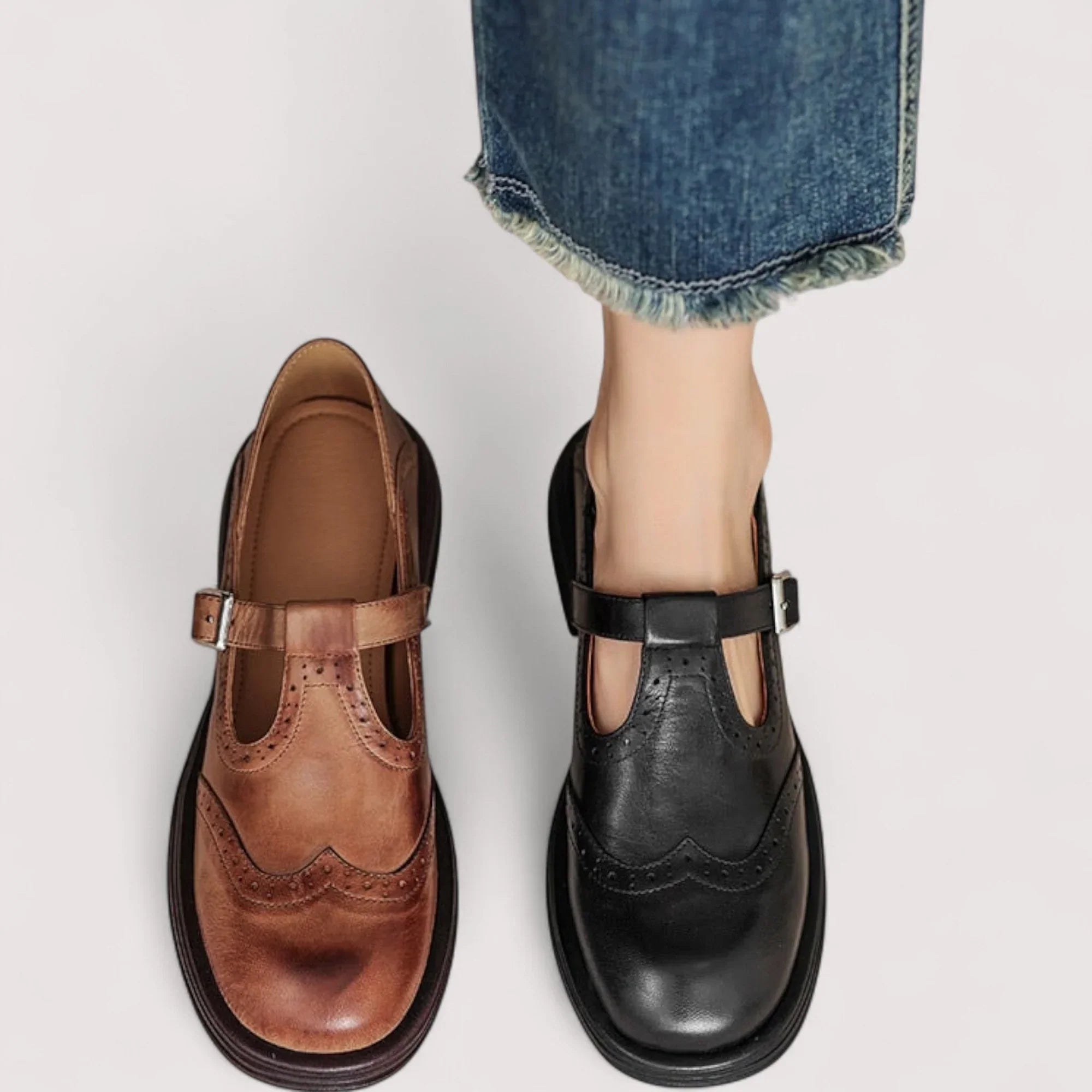 Women's T-Strap Shoes – Leather Structured Brogue Casual | Florence 7