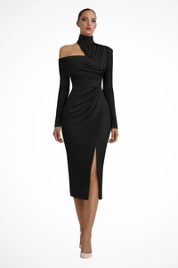 Sienna | Asymmetric Neckline Evening Dress Contoured Jersey Midi