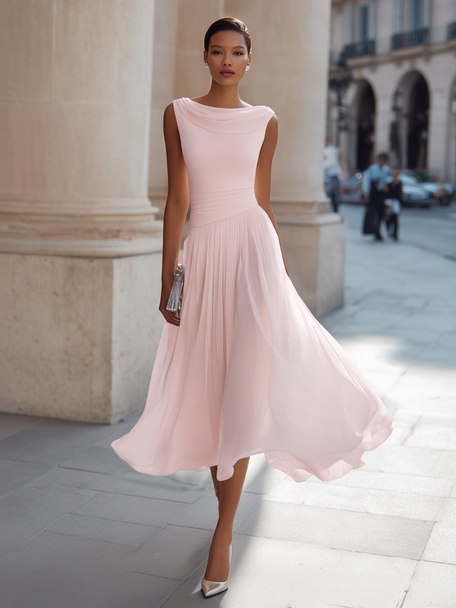 Isabella | Draped Neck Pleated Occasion Tailored Fit Midi Dress
