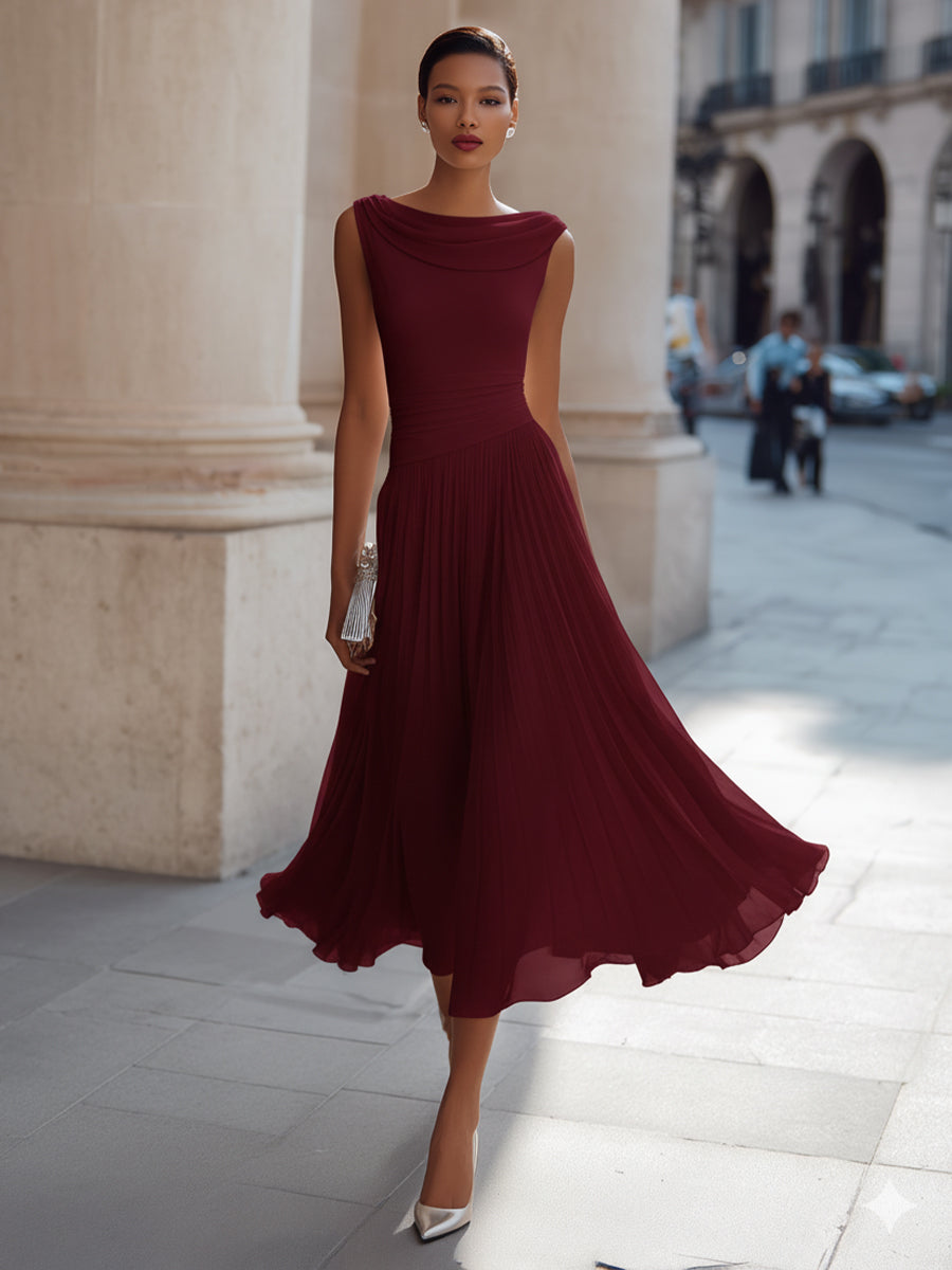 Isabella | Draped Neck Pleated Occasion Tailored Fit Midi Dress