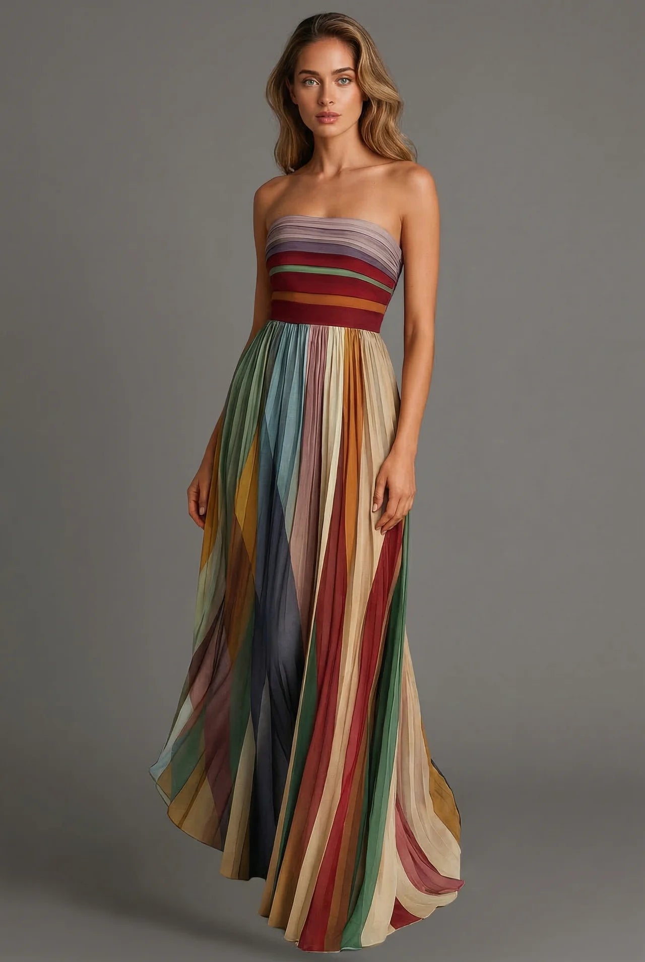 Hestia | Pleated Multi-Stripe Strapless Maxi Dress