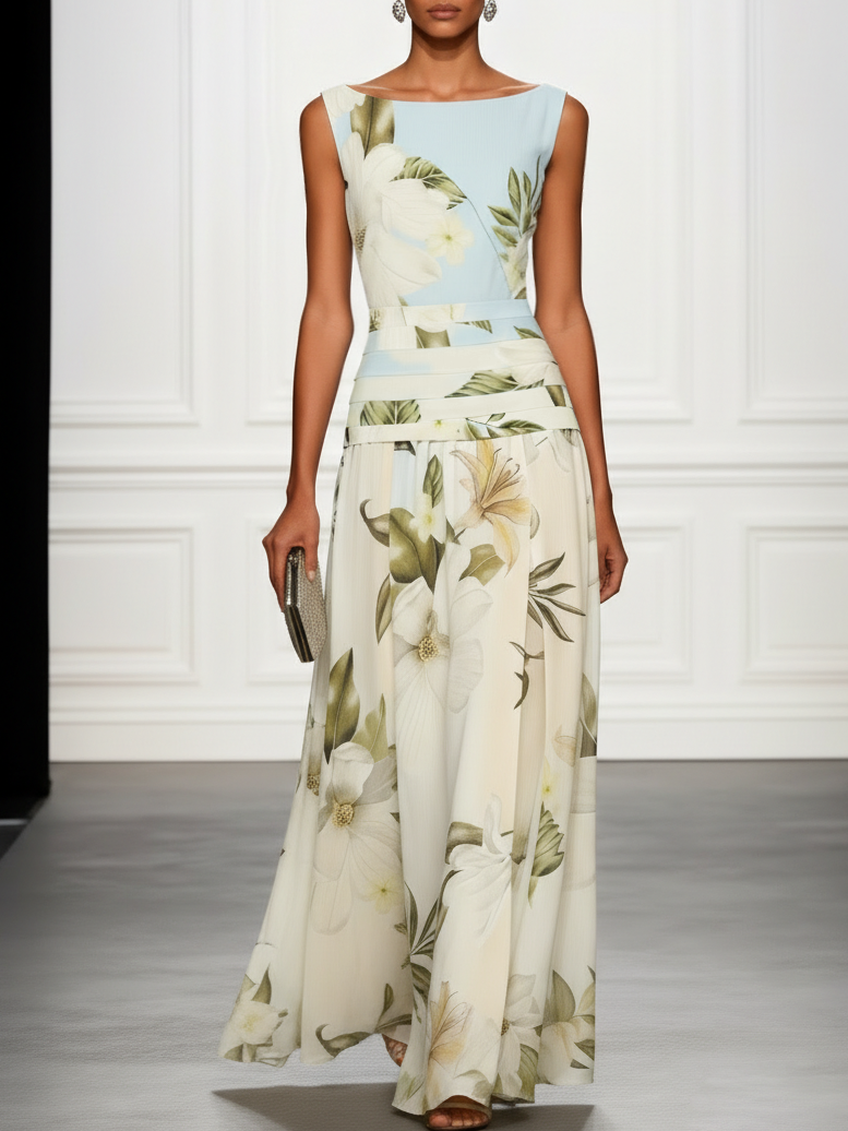 Isla | Sleeveless Boat Neck Wedding Guest Ruched Waist Maxi Dress
