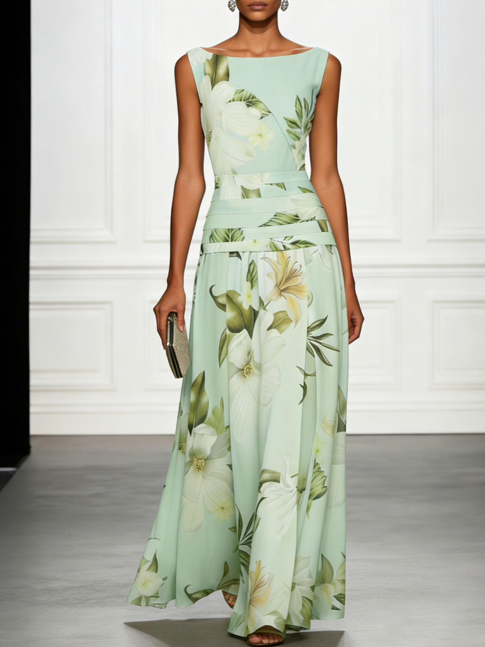 Isla | Sleeveless Boat Neck Wedding Guest Ruched Waist Maxi Dress