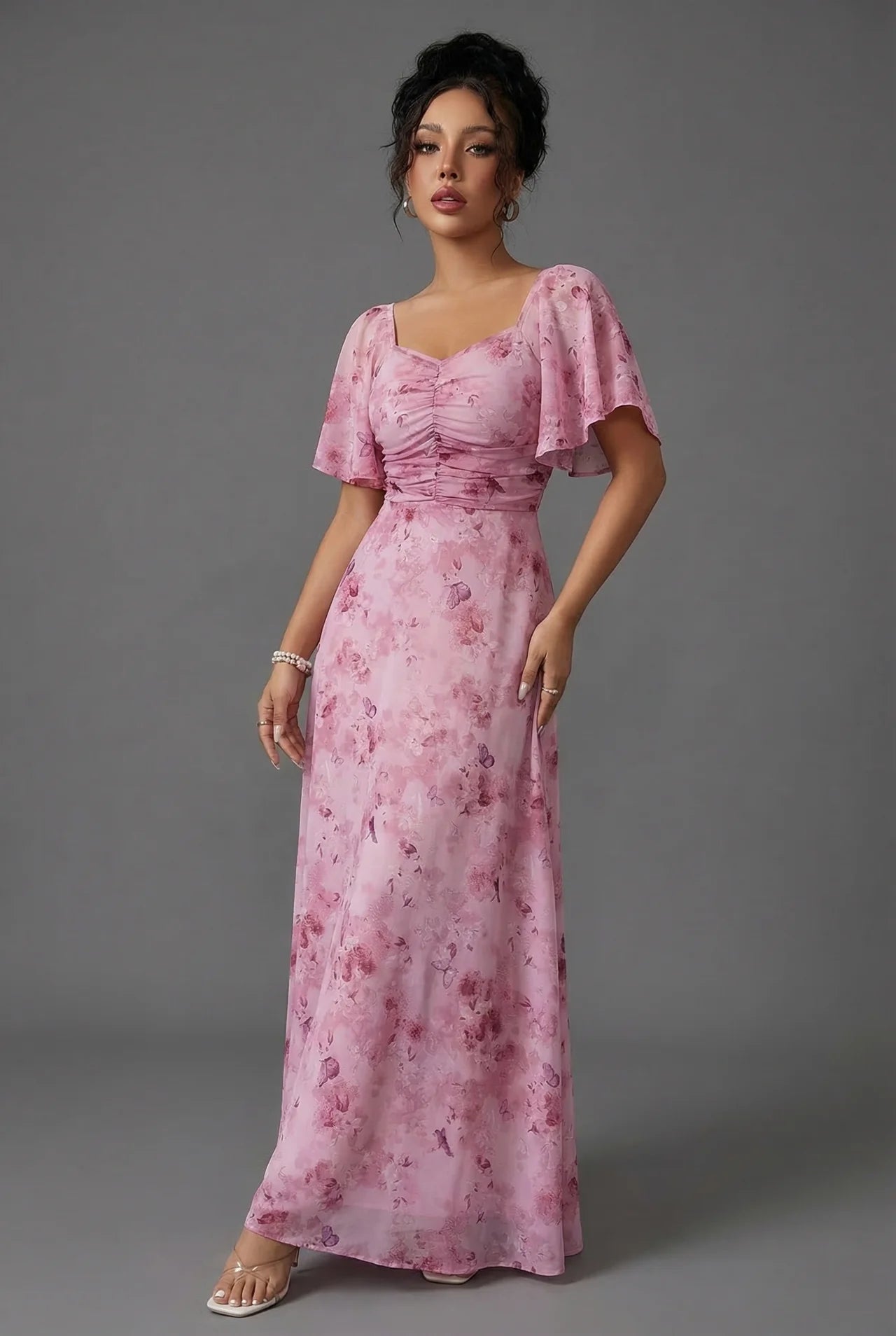 Grace | Floral Ruched Butterfly Sleeve Chiffon Maxi Dress