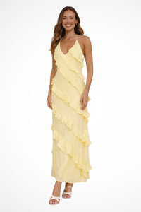Elodie | Halter Neck Tiered Ruffle Evening Maxi Dress Georgette
