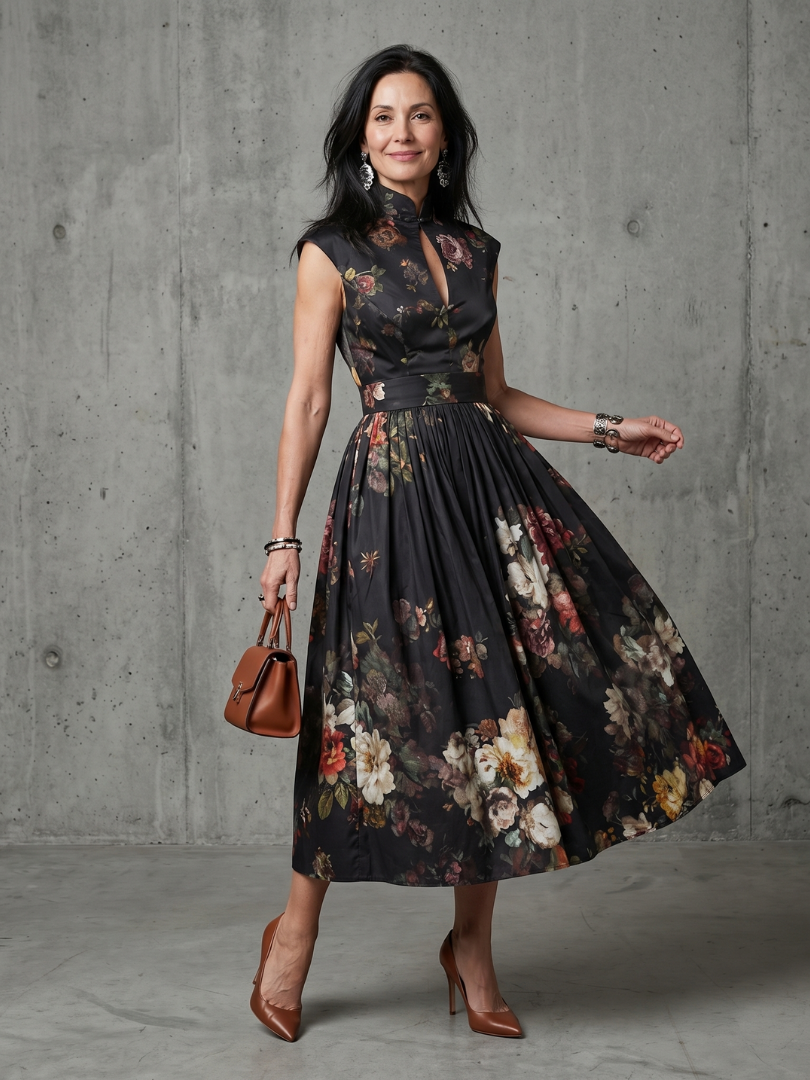 Amelia | High Neck Floral Midi Dress Pleated Fit Elegant