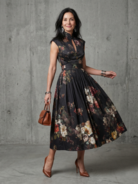 Amelia | High Neck Floral Midi Dress Pleated Fit Elegant
