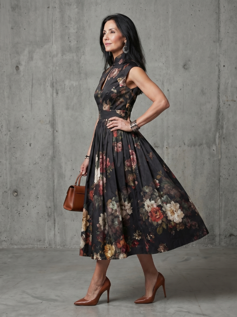 Amelia | High Neck Floral Midi Dress Pleated Fit Elegant