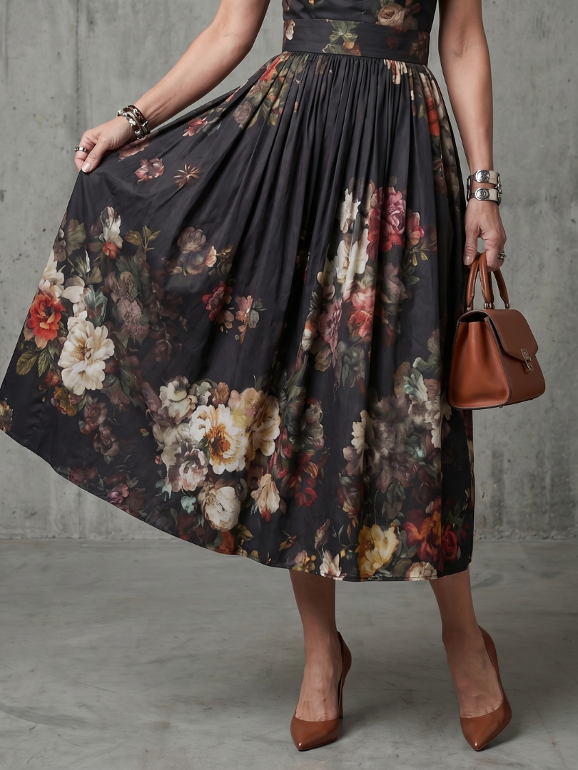 Amelia | High Neck Floral Midi Dress Pleated Fit Elegant
