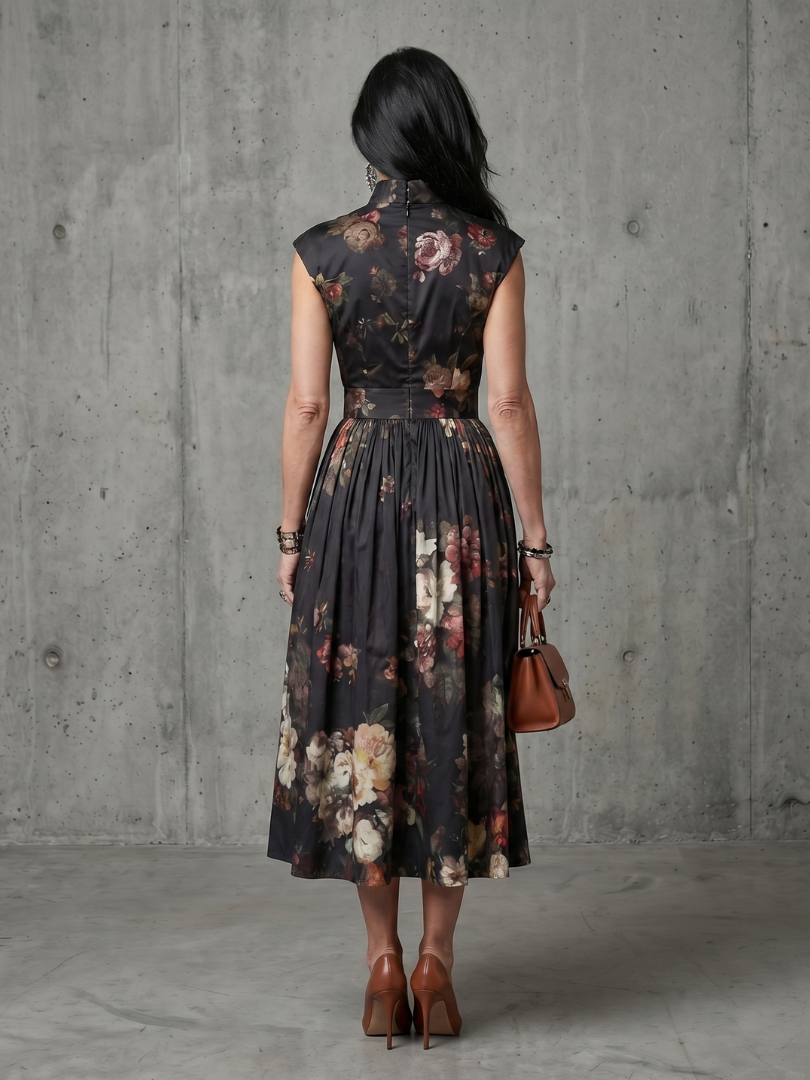 Amelia | High Neck Floral Midi Dress Pleated Fit Elegant