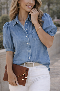 Sophie | Button-Up Puff Sleeve Casual Denim Regular Fit Blouse