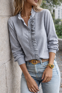 Harper | Ruffle Detail Smart Casual Seersucker Relaxed Blouse