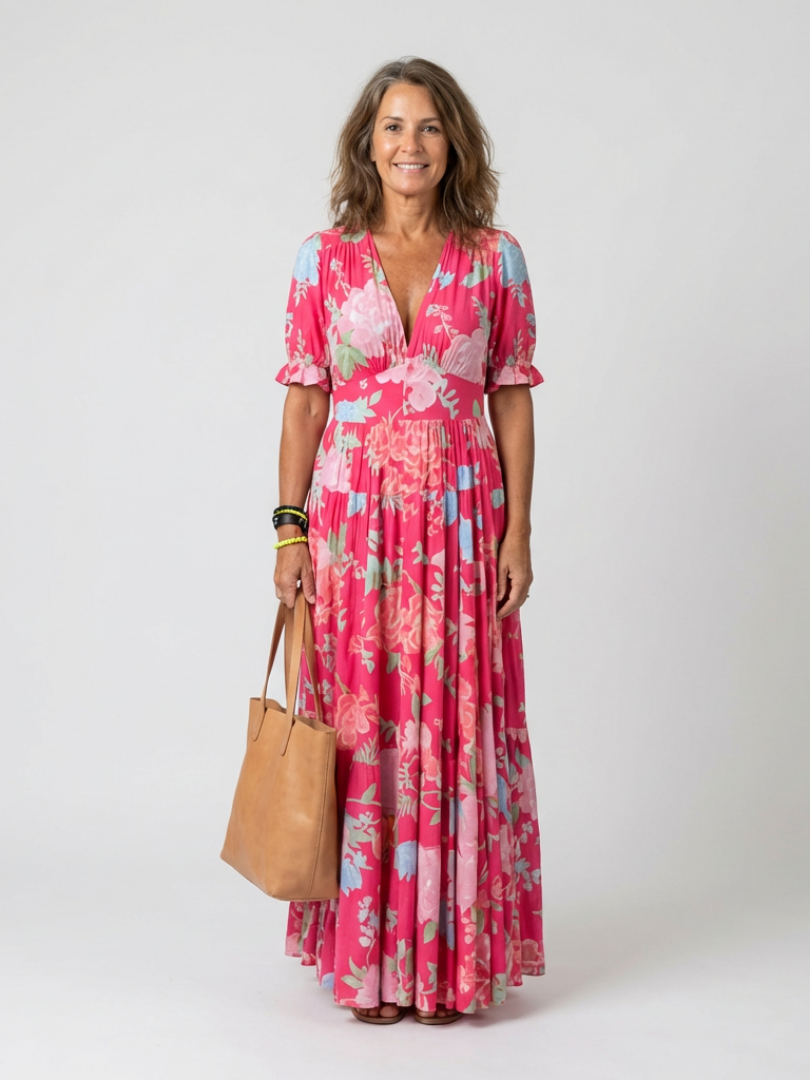 Emma | V Neck Casual Midi Dress Gathered Waist Relaxed Fit