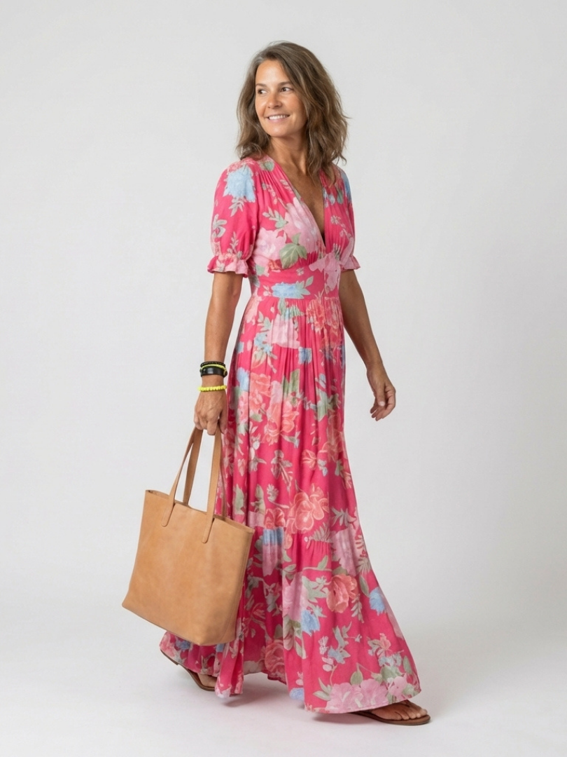 Emma | V Neck Casual Midi Dress Gathered Waist Relaxed Fit
