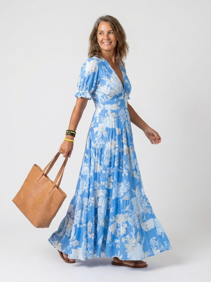 Emma | V Neck Casual Midi Dress Gathered Waist Relaxed Fit