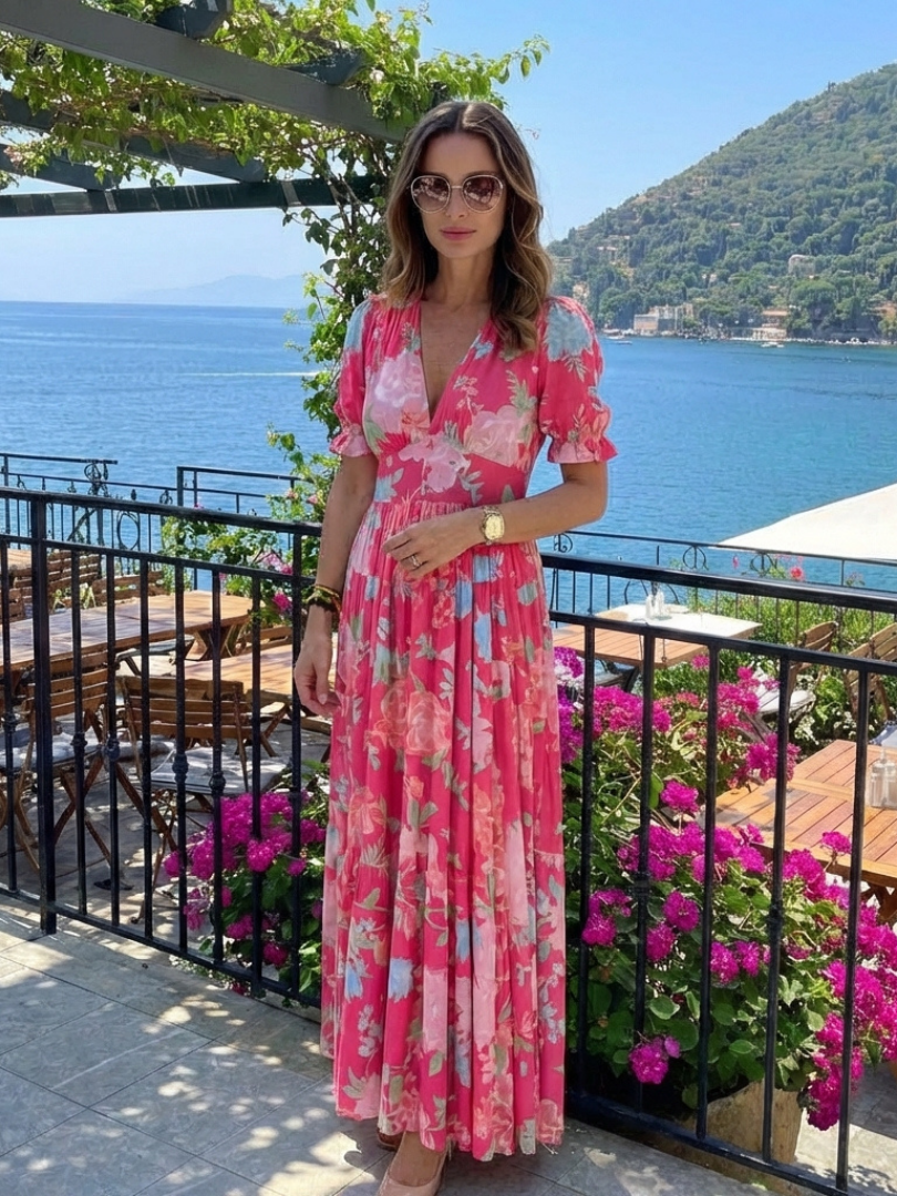Emma | V Neck Casual Midi Dress Gathered Waist Relaxed Fit
