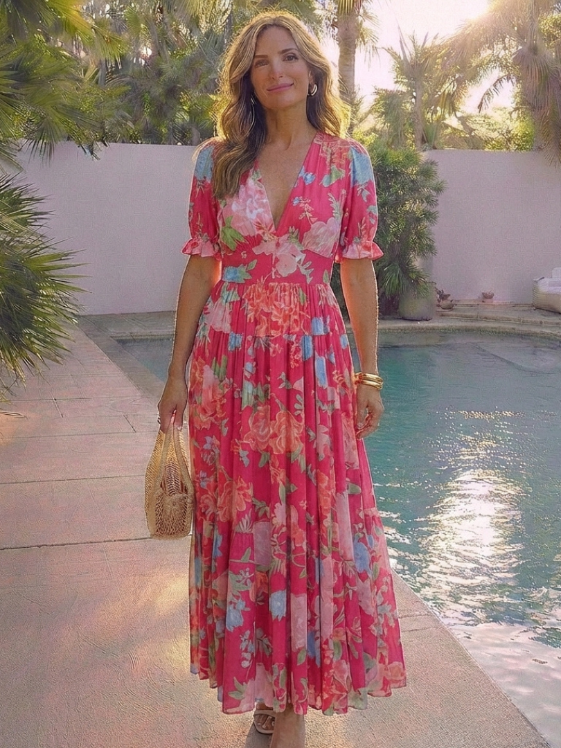 Emma | V Neck Casual Midi Dress Gathered Waist Relaxed Fit