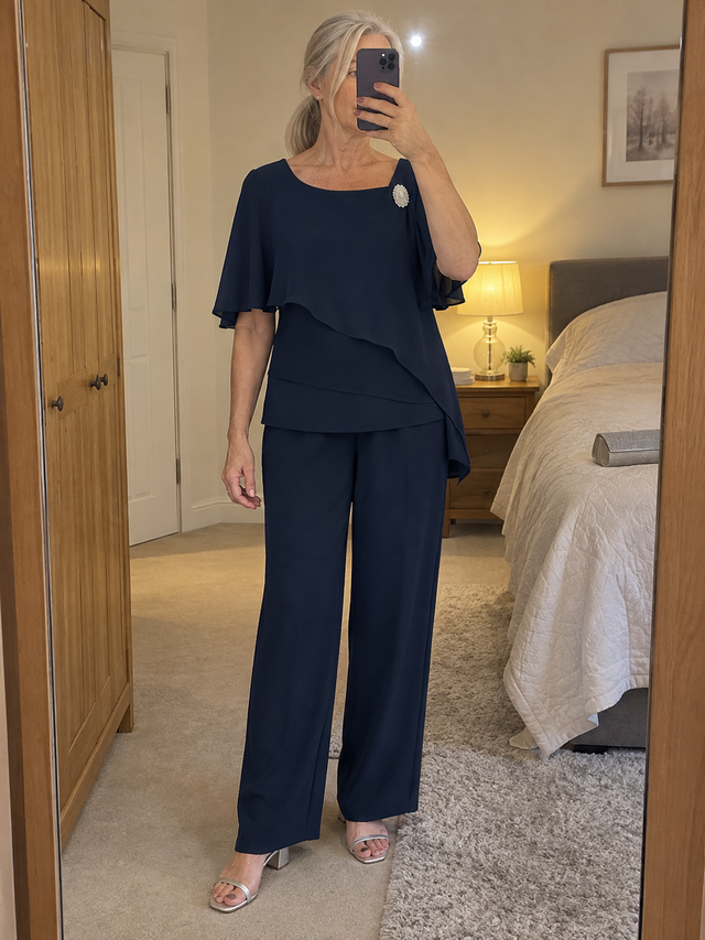 Navy two-piece evening set, mirror photo before a celebration