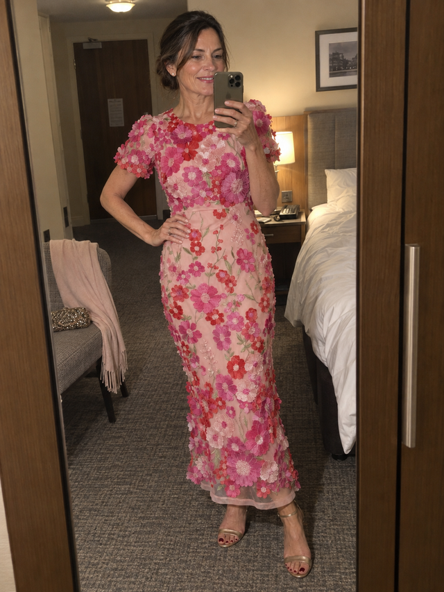 Pink 3D floral maxi dress, hotel-room mirror selfie before a Christmas dinner-dance