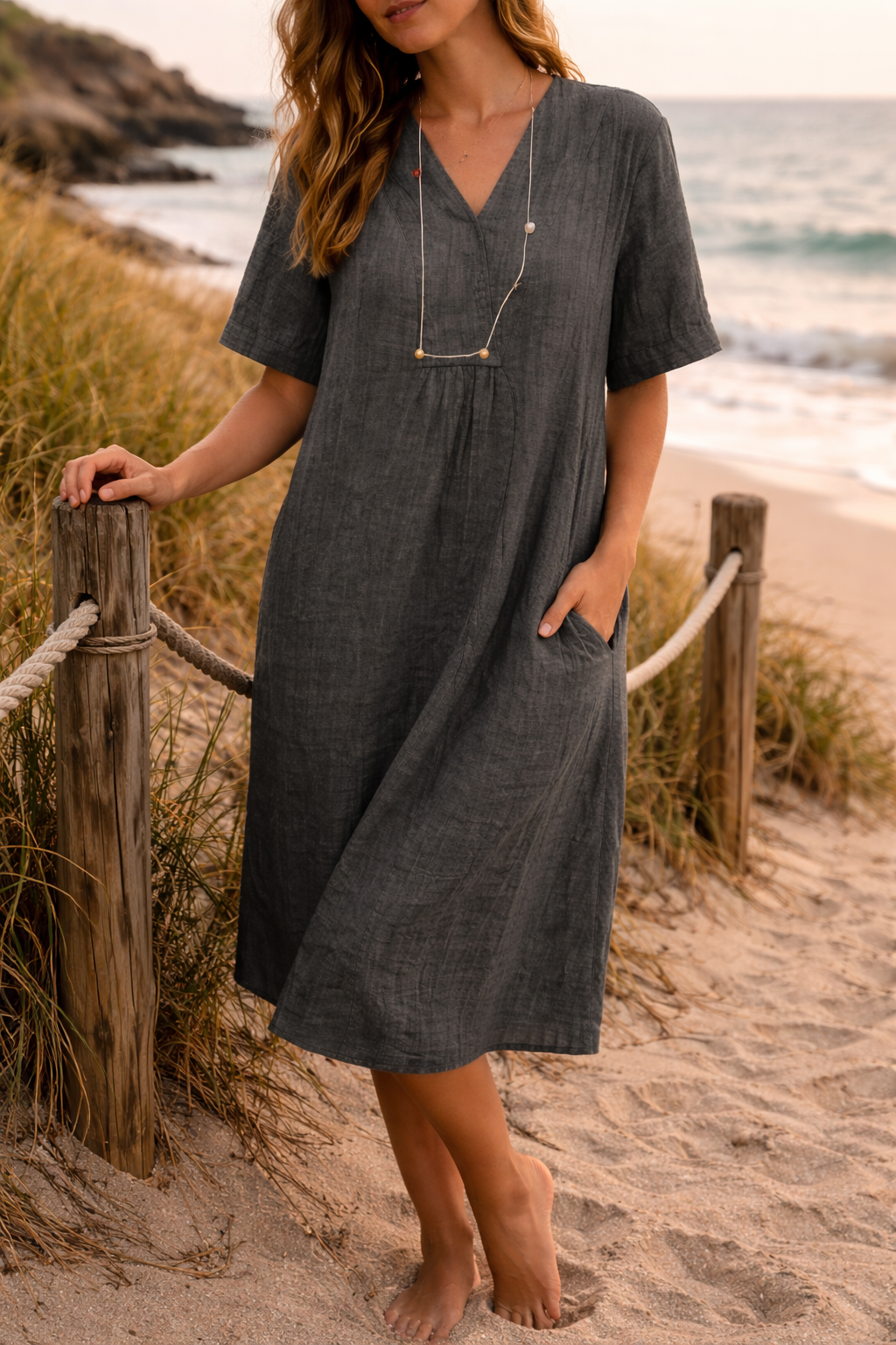 Women's Kaftan Dress – Textured Linen A-Line Relaxed Fit Summer | Amelia 3