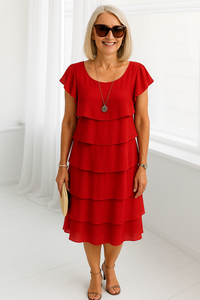 Sophie | Layered Short Sleeve Semi-Formal Fit Midi Dress