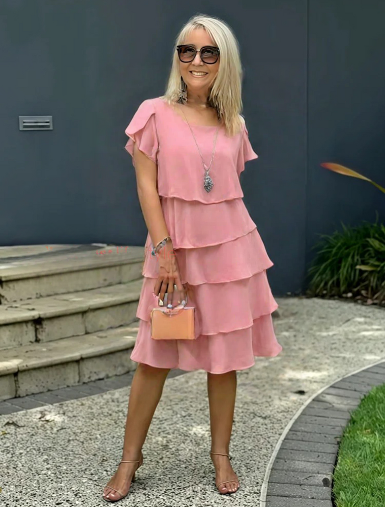 Sophie | Layered Short Sleeve Semi-Formal Fit Midi Dress