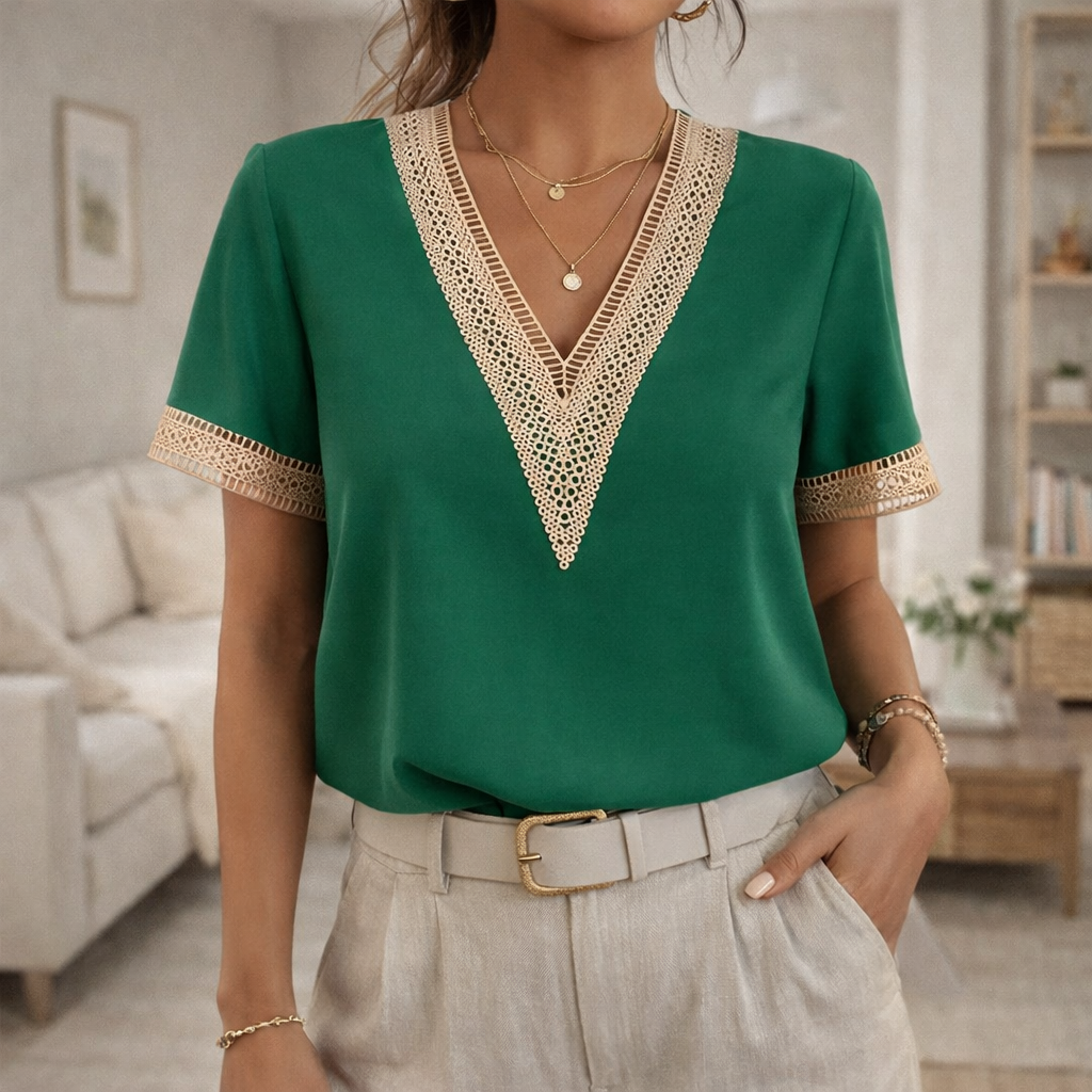 Emily | V-Neck Casual Lace Trim Relaxed Fit Top