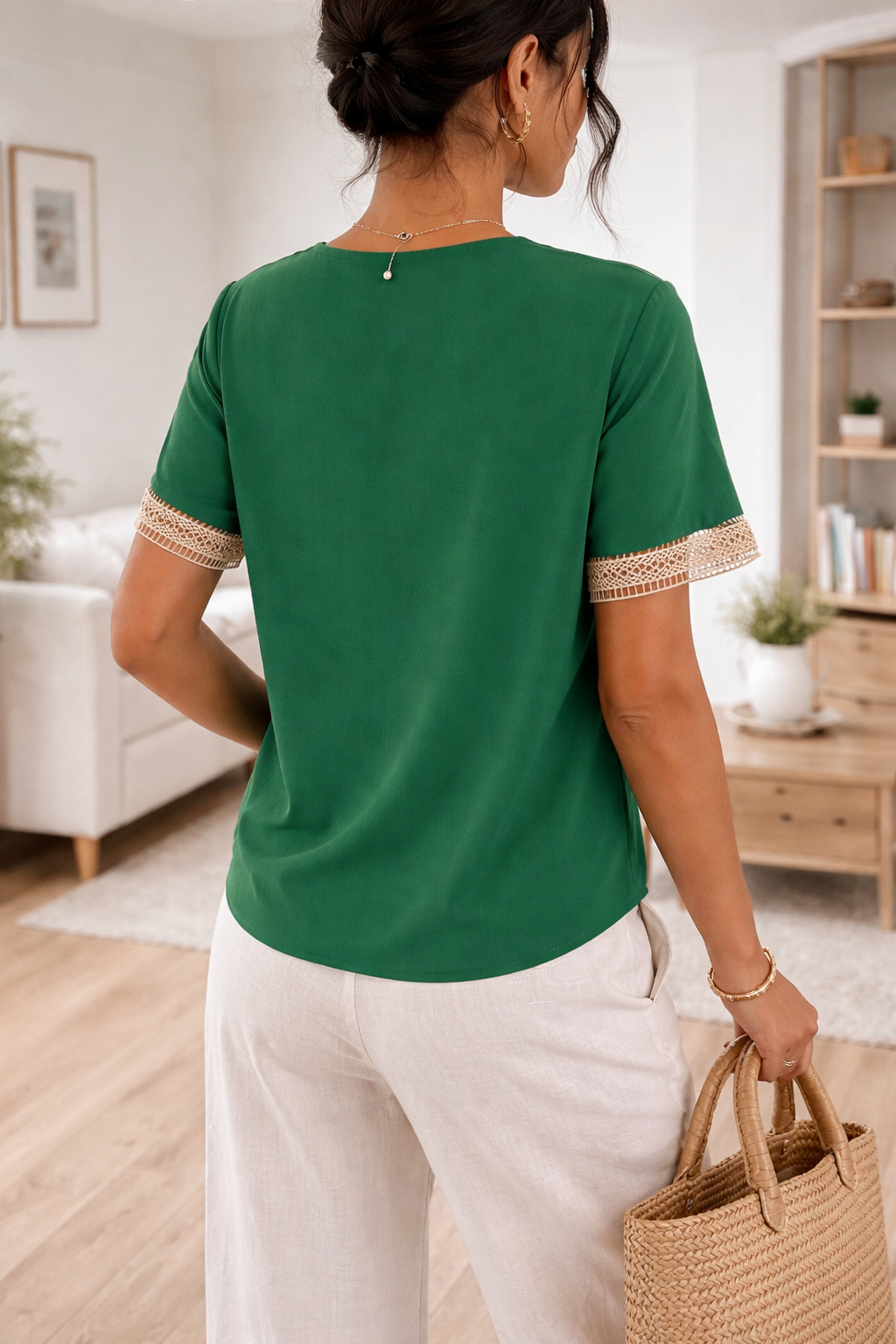 Emily | V-Neck Casual Lace Trim Relaxed Fit Top