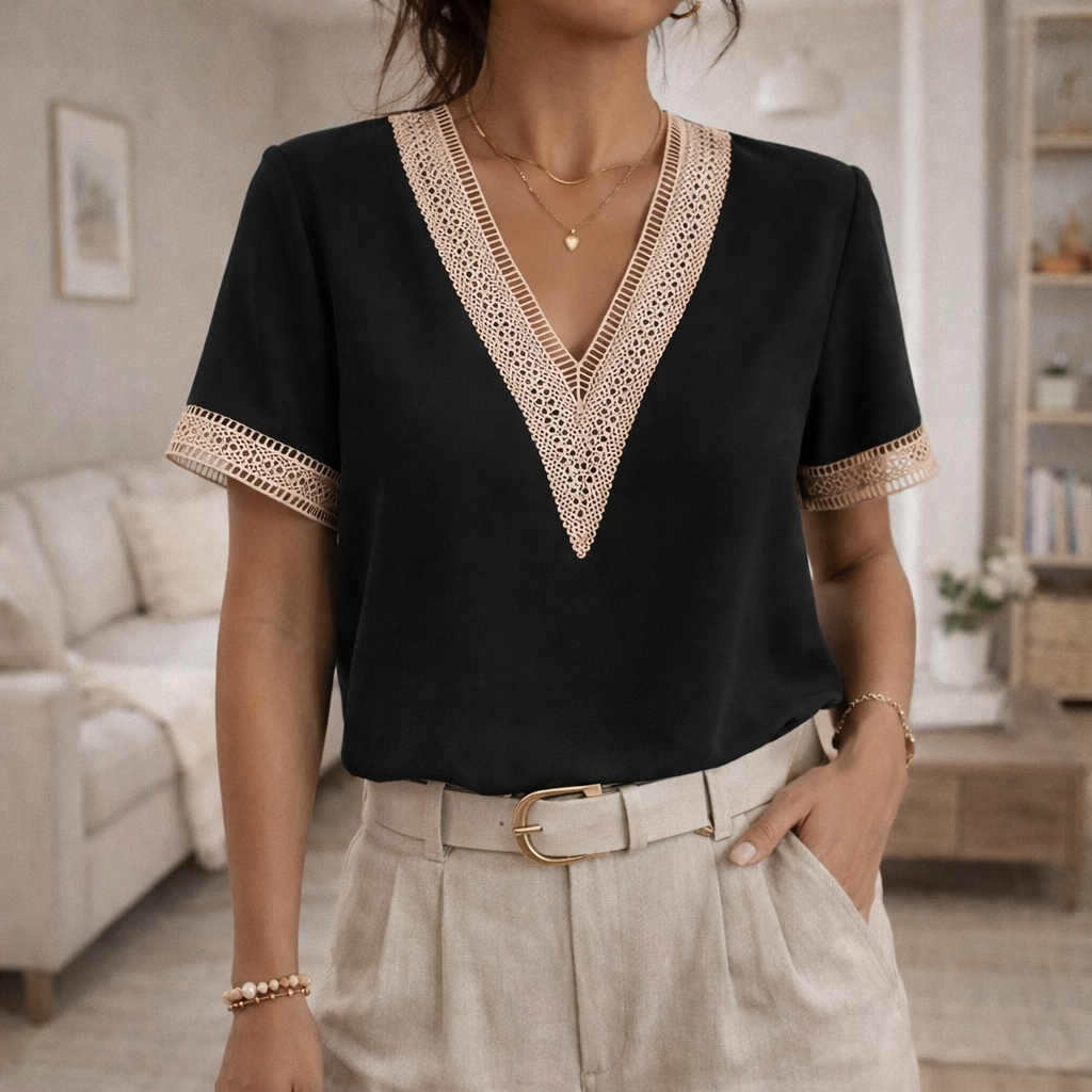 Emily | V-Neck Casual Lace Trim Relaxed Fit Top