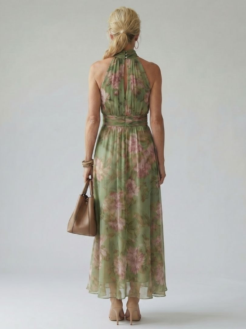 Henrietta | Women's Ruched Halter Wedding Guest Maxi Dress