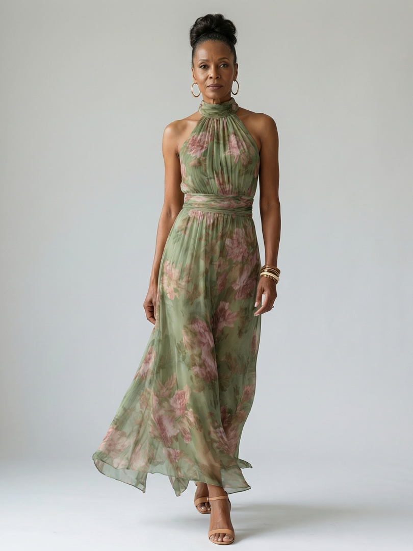 Henrietta | Women's Ruched Halter Wedding Guest Maxi Dress