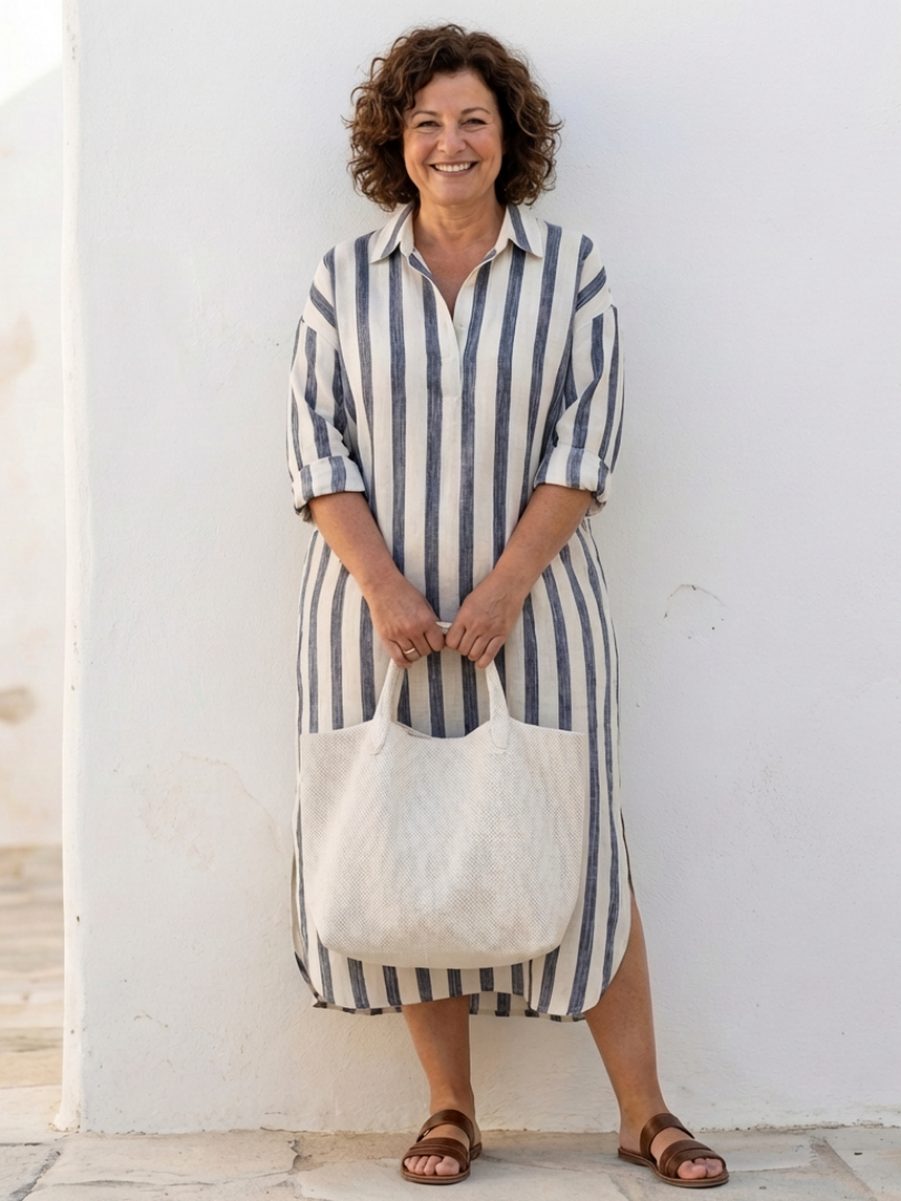 Emma | Striped Casual Midi Dress Relaxed Fit Long Sleeve