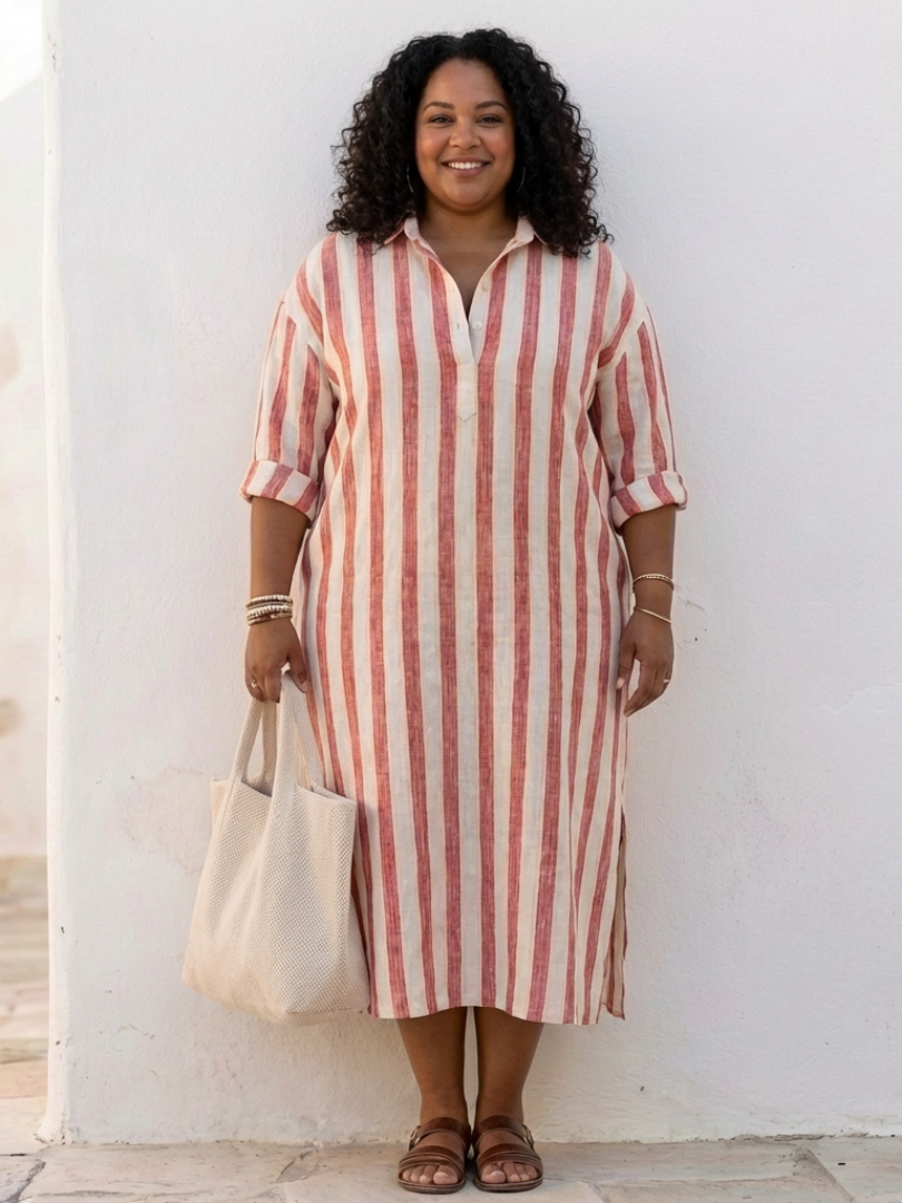 Emma | Striped Casual Midi Dress Relaxed Fit Long Sleeve