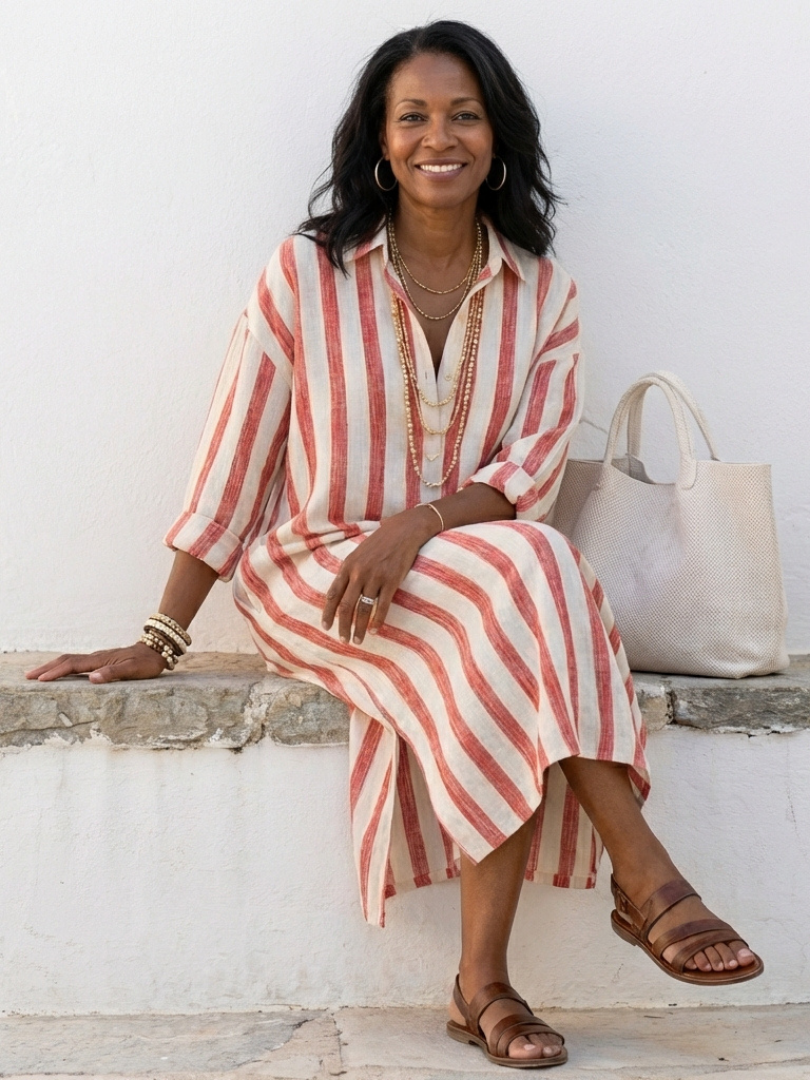 Emma | Striped Casual Midi Dress Relaxed Fit Long Sleeve