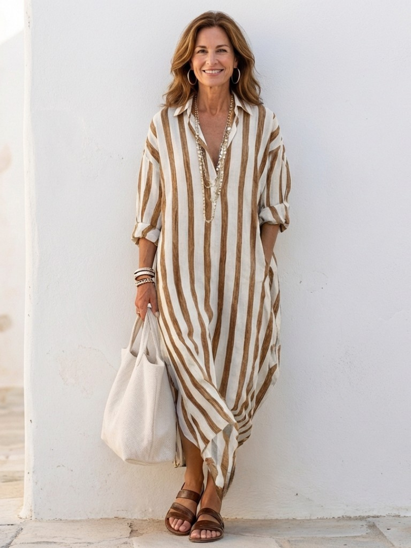 Emma | Striped Casual Midi Dress Relaxed Fit Long Sleeve