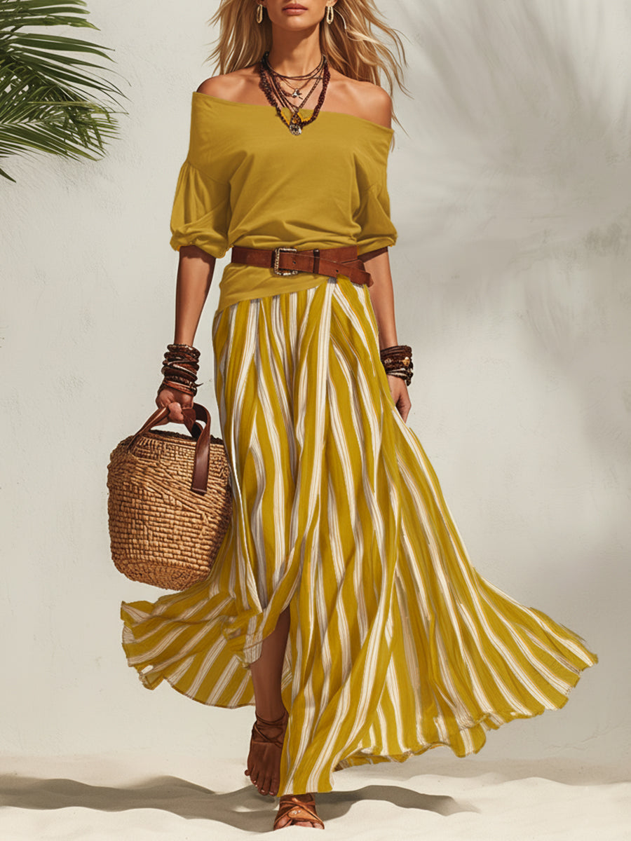 Lily | Off-Shoulder Nautical Casual Relaxed Fit Two-Piece Set