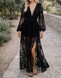 Elodie | Floral Lace A-Line Maxi Dress Elegant Thigh Slit