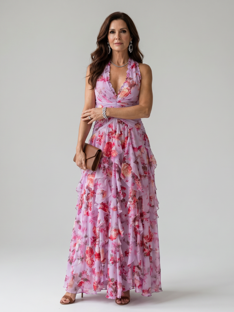 Isla | Halter Neck Ruched Bodice Maxi Dress Relaxed Fit