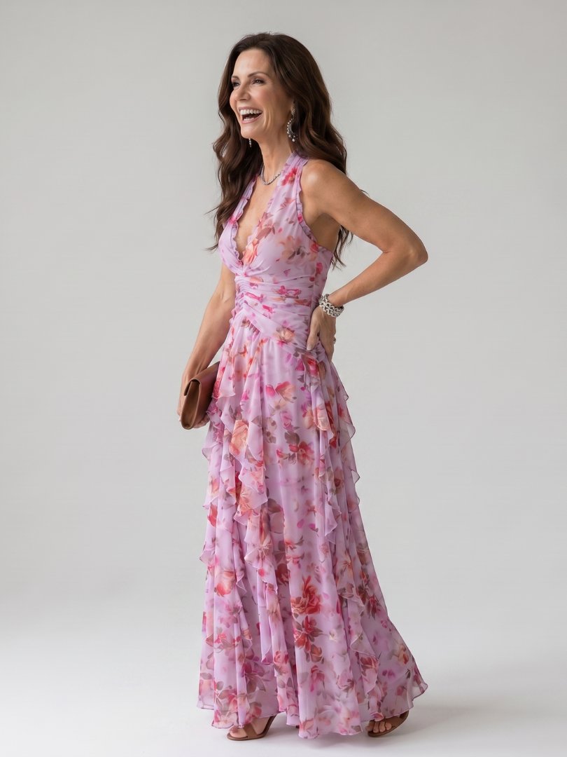 Isla | Halter Neck Ruched Bodice Maxi Dress Relaxed Fit